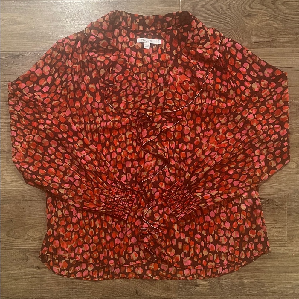 Chico's Red and Pink Sheer Patterned Ruffle Blouse